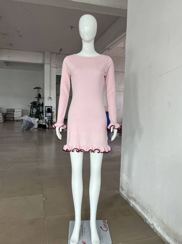 Summer Women Fashion Solid Color Wood Ear Hem Knitted Long Sleeve Tight Dress