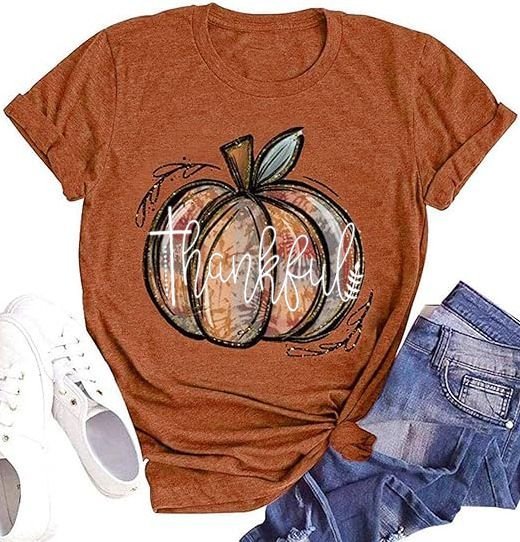 Women Thanksgiving Pumpkin Print Colored Cotton T-Shirt